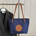 Deep blue nylon tote bag with brown leather straps and fashion patch detail - Large / Dark Blue Large No Charm