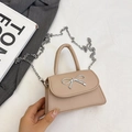 Elegant apricot leather handbag with silver metal bow and detachable chain strap - Khaki