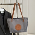 Minimalist grey nylon tote bag with brown leather patch and shoulder straps - Large / With Pendant / Light Gray