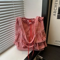 Sac fourre-tout à carreaux rouges avec volants et cordon de serrage pour l'école - Rouge