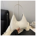 Detail view of a cream-colored crescent hobo bag with Fashion lettering and smooth texture - White