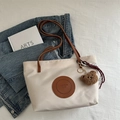 Minimalist beige tote bag with brown handles and a cute plush bear charm accessory - With Pendant / L / White