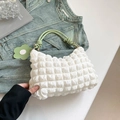 White puffy bubble textured handbag with light green woven handle and flower charm - White & Green