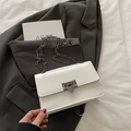 Minimalist white patent leather crossbody small square bag with dark grey chain strap - White