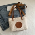Cream white nylon tote bag with brown handles and fashion circular leather patch - No Pendant / S / White
