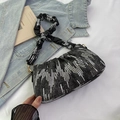 Chic black denim shoulder bag with silver sequins and ruffled strap detail - Black