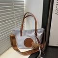 Light gray tote bag with brown straps, wide shoulder strap and cute bear charm - Small / With Pendant / Light Blue