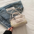 Bolso Boston rosa de cuero PU con ribete de encaje y lazo de cuadros suave - Blanco Roto