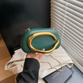 Dark green leather crossbody bag with iconic gold metal C-shaped handle and chain strap - Green