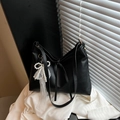 Large black tote bag in faux leather with elegant pearl lace bow pendant accessory - Black With Pendant