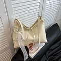Cream-colored large tote bag in soft PU leather with pearl and lace pendant detail - White With Pendant