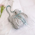 Floral bucket bag with pink blossom print and blue gingham ribbon adjustable strap - Floral Drawstring Shoulder Style (款一)