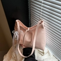 Pink faux leather hobo tote bag with lace pearl bow charm and minimalist large capacity - Pink With Pendant