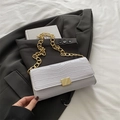 White faux leather baguette bag with crocodile texture and gold chunky chain strap - White