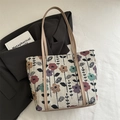 Große Retro-Jacquard-Tragetasche mit braunen Ledergriffen auf weißem Stoff - Khaki