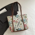 Florale Jacquard-Tragetasche mit braunen Ledergriffen im Retro-Orientalischen Vintage-Stil - Braun