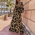 Detail of leopard print maxi dress featuring V-neckline and high side slit for summer - New Leopard Print (With Belt)