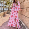 Detail of pink floral maxi dress featuring red heart patterns and waist drawstring - Pink Heart Print (With Belt)