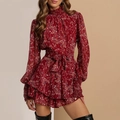 Burgundy long sleeve floral chiffon dress with ruffle hem and waist tie detail - 3XL / Burgundy