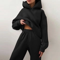 Close-up of black fleece hoodie set showing thick fabric texture and ribbed cuffs - S / Top And Bottom / Black