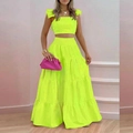 Neon groen tweedelig setje met cropped top en gelaagde maxi-rok voor dames mode - S / Groen