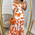 Elegant orange abstract print maxi dress with hollow cut-out waist and puff sleeves - S / Orange
