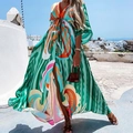 Bohemian V-neck maxi dress with vibrant green stripes and large floral print - Green and Orange-Pink (With Belts)