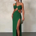Elegant dark green one shoulder dress with waist cutout and side high slit detail - 2XL / Green