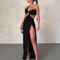 Elegant black one-shoulder slit maxi dress with waist cutout for a stylish evening look - L / Black