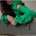 Women's green hooded sweatsuit with shoulder cut-outs and ribbed cuffs on vintage background - 3XL / Green