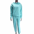 Women's two-piece hoodie and sweatpants set in mint green with ribbed cuffs and pockets - S / Top And Bottom / Cyan