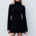 Elegante minivestido ajustado negro con cuello alto, manga larga y bolsillos de cintura - 2XL / Negro