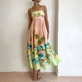 Women's tropical floral print midi slip dress in peach orange with palm tree patterns - 3XL