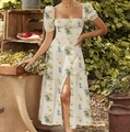 Floral puff sleeve midi dress with square neck and high slit in cream and blue pattern - Blue Yellow Floral / 3XL