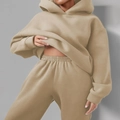 Women's casual solid color hoodie and jogger pants set in light khaki beige finish - 3XL / Top And Bottom / Apricot