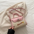 Pink faux leather and beige canvas patchwork crossbody bag with timeto embroidery - Pink