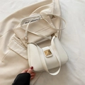 Minimalist white PU leather square shoulder bag featuring a gold square buckle closure - White