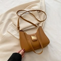 Caramel brown square shoulder bag with gold triangle buckle and elegant long strap - Brown