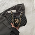 Dark grey half-moon shoulder bag with all-over M pattern and gold chain strap - Black
