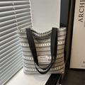 Japanese style black and white striped canvas tote bag with woven shoulder straps - Black
