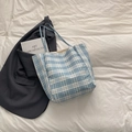 Bolso tote de lona a cuadros azules y blancos con gran capacidad y diseño minimalista - Estilo Cuadros Azul Blanco (TS4402) / Azul