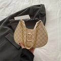 Chic beige crossbody bag with gold M-logo, letter print, and chunky gold chain strap - Off White