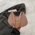 Pink crescent shoulder bag in textured synthetic leather with gold chain and M logo - Pink