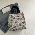 Large capacity canvas tote bag with colorful butterfly patterns and black woven handles - Pattern 2: Beige Colorful Butterflies