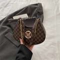 Dark brown crescent bag with M-letter monogram print and elegant gold chain strap - Brown