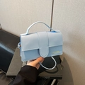 Light blue faux leather crossbody bag with gold fashion lettering and top handle - No Pendant / Blue