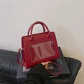 Minimalist red faux leather tote with transparent PVC window and adjustable strap - Red