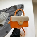 Minimalist small square crossbody bag in orange leather and beige canvas with woven handle - Orange