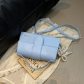 Light blue faux leather crossbody bag with gold fashion lettering and pearl charm - With Pendant / Blue
