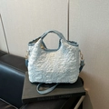 Blue and white pleated bucket bag with gold hardware and detachable strap - No Pendant / Blue